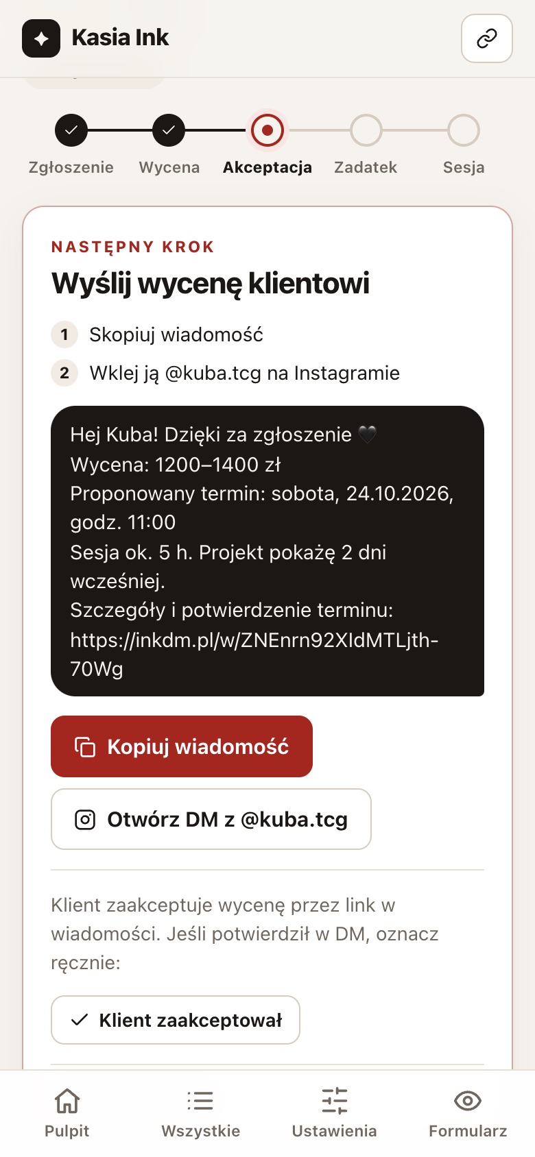 Gotowa wiadomość z wyceną